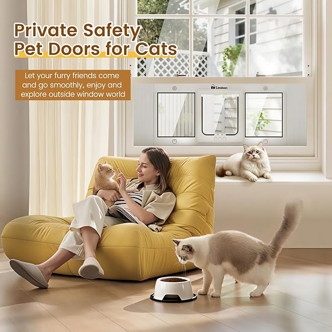 Cat Door for Window, Quick Installation Adjustable Width of 27"-32", Cat Window Door with 4 Locking Modes, Magnetic Closure Design, Weatherproof Aluminum Frame Cat Door Window Insert