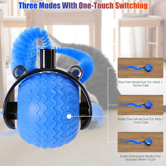 2PCS Interactive Cat Toy for Indoor Cats, Speedy Ball with Tail, Automatic Moving Cat Balls for Bored Indoor Adult Cats, Two Speed Adjustment,360°Automatic Rolling Ball Toy (Blue+Orange)