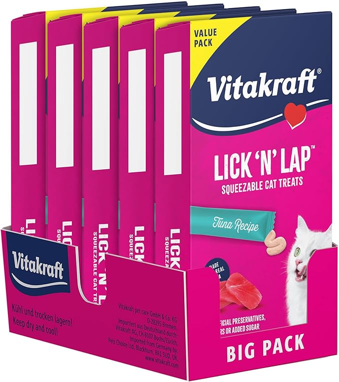 Vitakraft Lick ‘N’ Lap Real Tuna Squeezeable Liquid Cat Treats, Lickable, Broth #1 Ingredient, No Artificial Colors, Preservatives or Added Sugar, for Hydration, 0.52 oz. Tubes, 80 Count