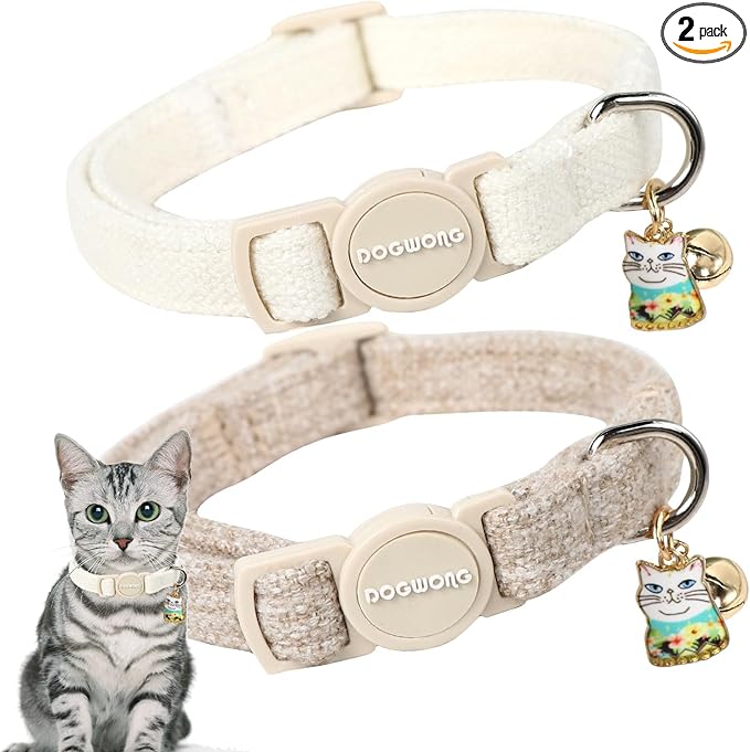 Cat Collar,2 Pack White Hemp Cat Collars Breakaway with Bell, DOGWONG Safety Buckle Wedding Cat Collar for Girl Boy Cats and Small Dogs，Adjustable 7-12 Inch,Pet Supplies Accessories