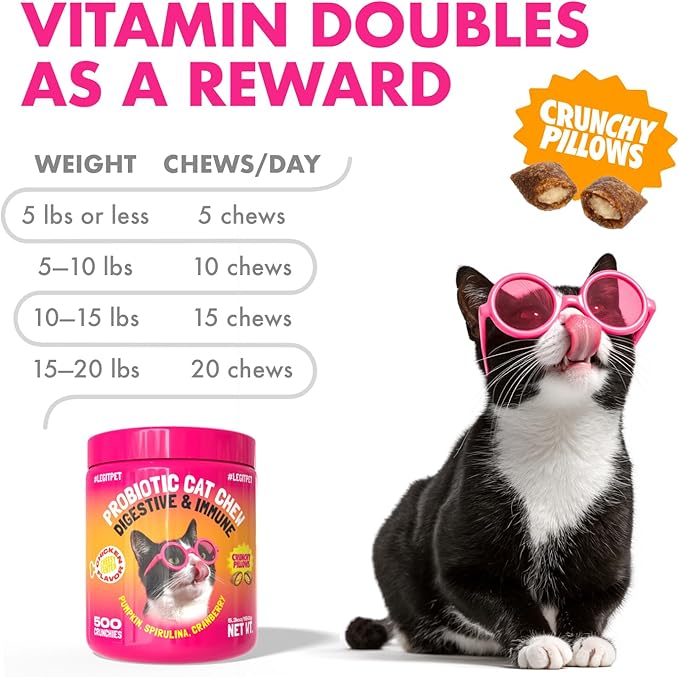 LEGITPET Daily Probiotic Cat Chews for Digestive & Gut Health – Supports Healthy Digestion & Immune System – Crunchy Chews with Creamy Center – Chicken Flavor, 500 Chews