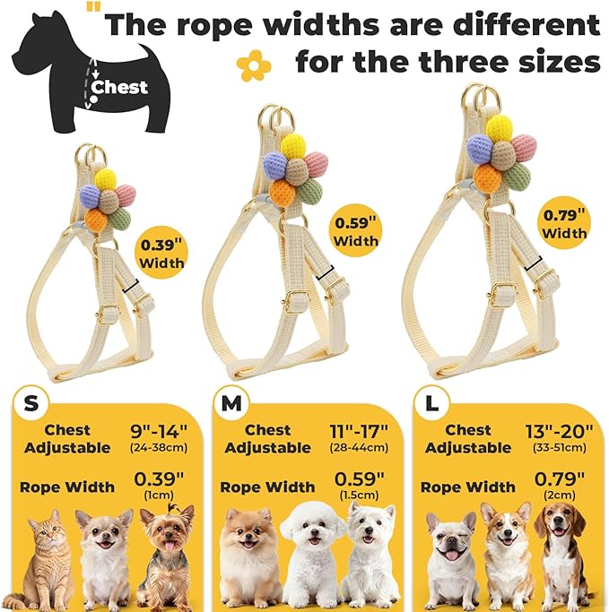 PETCARE Cute Flower Dog Harness and Bowtie Leash Set Easy Walk Puppy Dog Halter Harness for Small Dogs Girl Step in Dogs Harnesses with Buckle (White, Chest Adjustable 11"-17", Rope Width 0.59")