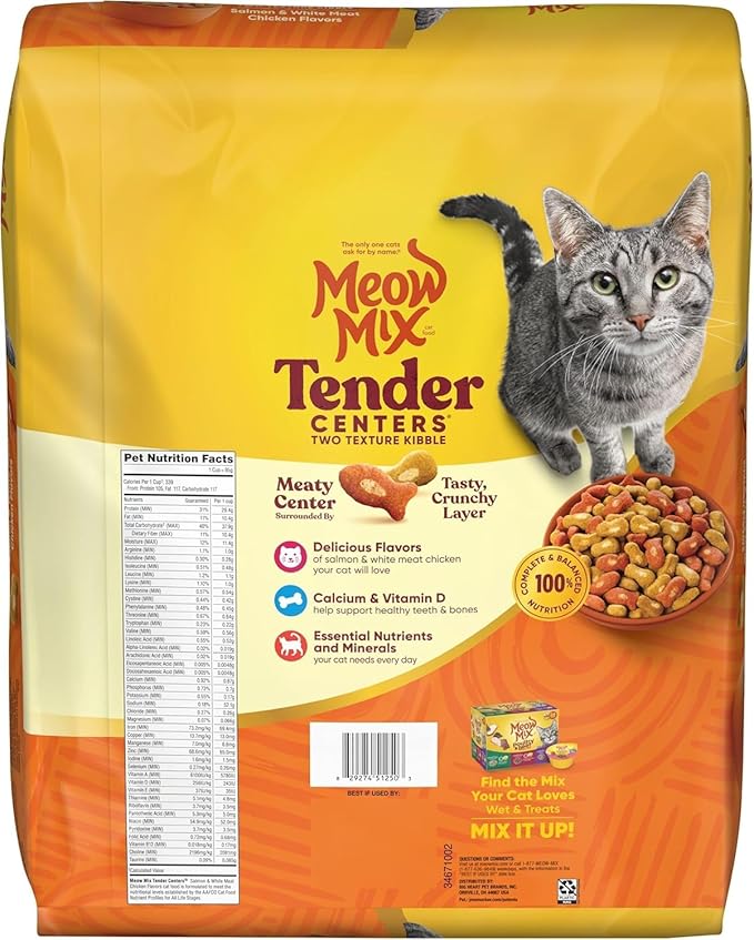 Meow Mix Tender Centers Dry Cat Food, Salmon & White Meat Chicken Flavors, 3 Pound Bag (Case of 4)