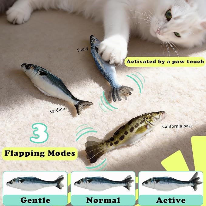 Realistic Floppy Fish Cat Toys, 3 Pack Mini-Sized, Moving Cat Toy Flopping Fish for Indoor Kitten, Sardine/Saury/Bass Interactive Cat Toys, Touch Activated, Rechargeable.