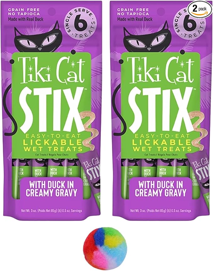 Tiki Cat Stix Wet Treats, Grain Free Lickable Smooth Mousse Blend with Duck in Creamy Gravy 6 Stix in 1 Pouch (Pack of 2), Plus 1 Cat Pom Pom Balls Toy