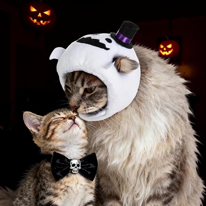 Cat Halloween Costumes Halloween Ghost Hat for Dogs Cats Adjustable Cute White Ghost Cap with Hat Festival Pet Head Dress Up Accessories for Halloween Puppy Kitten Cosplay Costume Gifts
