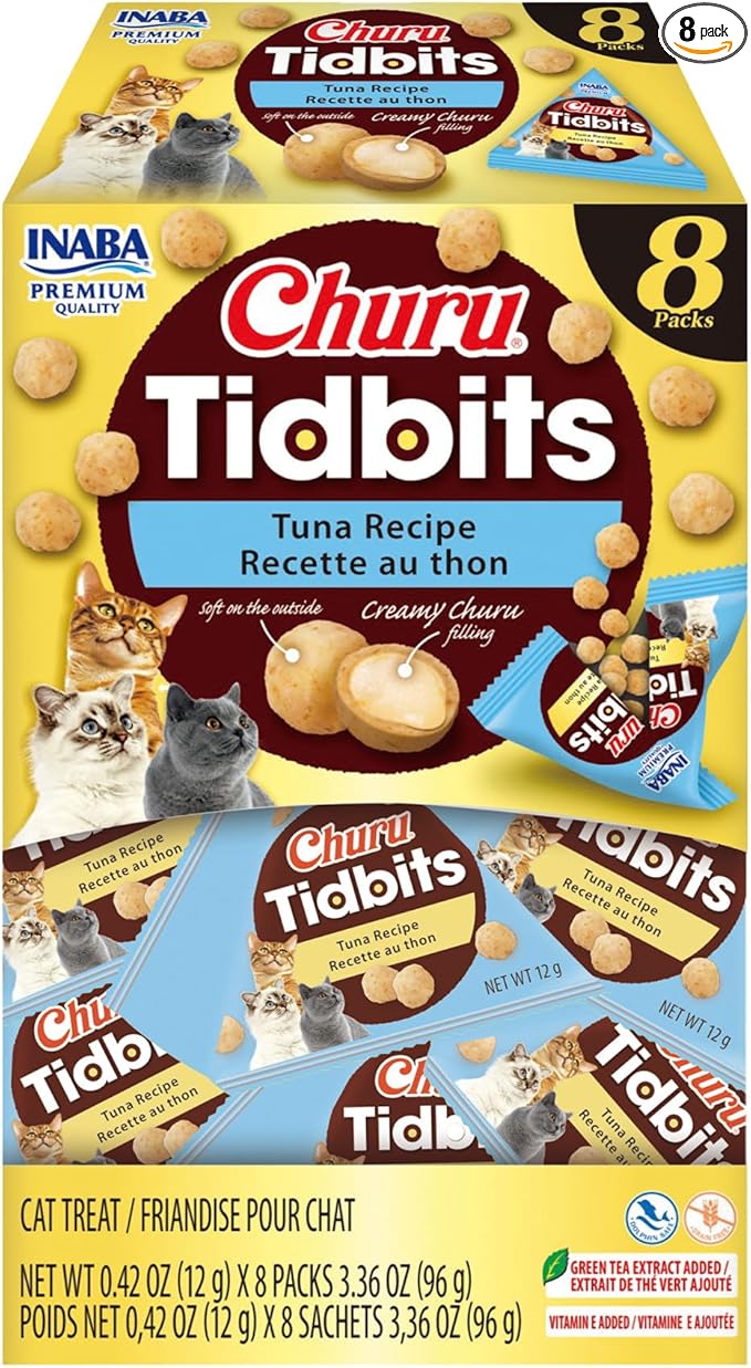 INABA Churu Tidbits for Cats, Soft & Chewy Churu Filled, Baked Chicken Cat Treats with Taurine & Green Tea Extract, 0.42oz per Pack, 8 Packs Total, Tuna Recipe