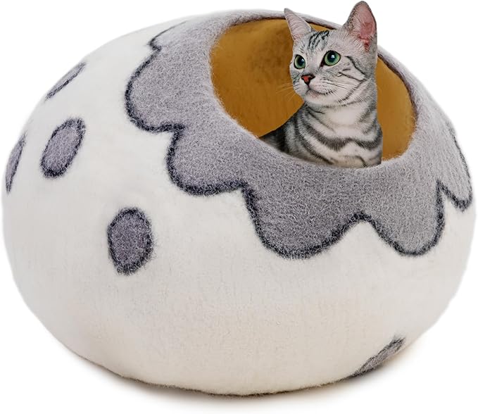 Woolygon Premium Felt Cat Cave Bed – Wool Kitty Beds Handcrafted Kitten Caves Bed for Indoor Cats - Made from Merino Wool, Foldable Cat Hideaway Covered Cat House Pod (White Flower)