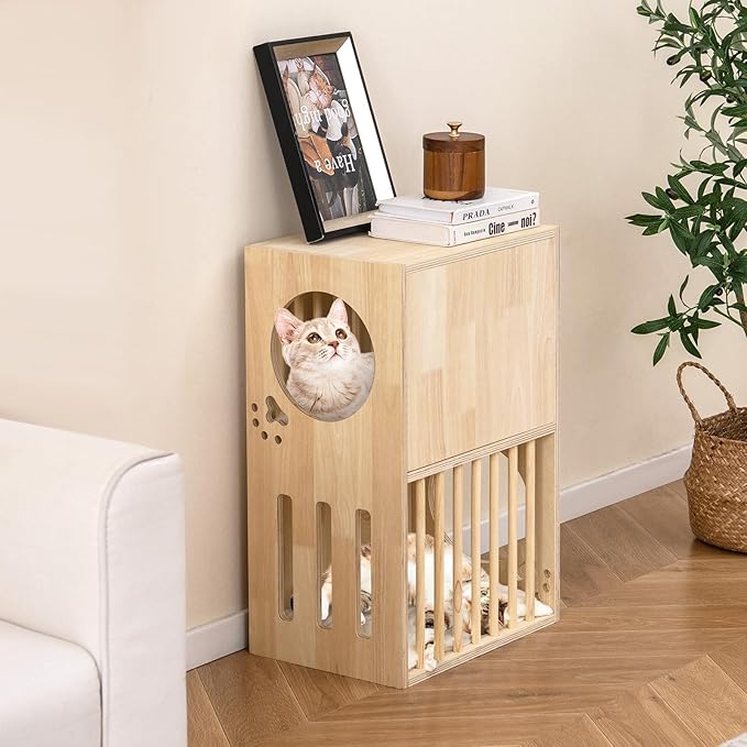 PETSITE 2-Storey Wood Cat House for Indoor Cats, Natural Wooden Double Decker Cat Condo with Removable and Washable Soft Cushions, Air Vents, and Side Entries, Modern Pet Furniture Side Table