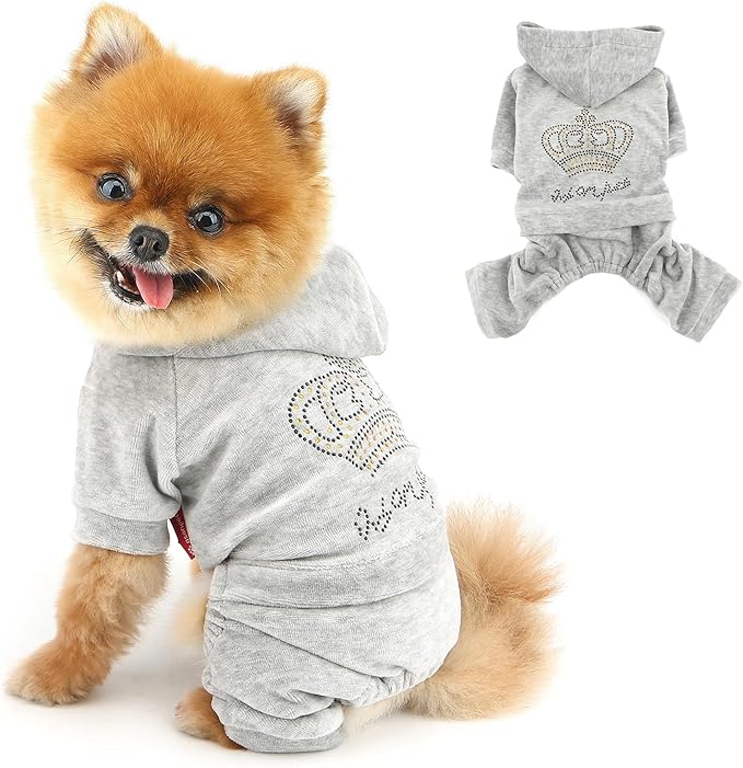 Girl Dog Clothes for Small Dogs Cute Doggie Outfits Rhinestone Crown Stretchy Puppy Pajamas Soft Velvet Hoodie 4 Legged Jumpsuit Lightweight Pet Tracksuit Cat Apparel Leash Hole