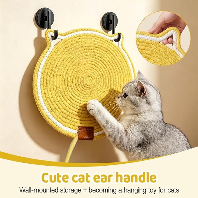 Cat Scratcher Mat Cotton Rope, Round Woven Scratch Pad with Fish Toy, Wear-Resistant Cat Bed Mat with Hanging Loop for Sleeping Scratching Furniture Protects