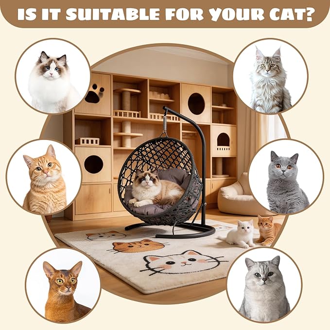 Hanging Cat Swing Bed with Stand & Cushion – Rattan Wicker Egg Chair for Cats, Small Dogs & Pets, Indoor Swinging Bed, Cozy Resting Spot, Modern Design (Gray)