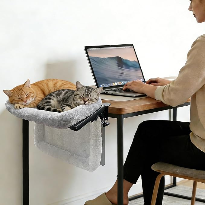 Cat Desk Bed for Home Office Worker Faux Rabbit Cushion Desk-Mounted Hammock Perch Foldable Desktop Space-Saving Clamp Mount Supports Indoor Cats Durable Removable Cover - Gray 21x17in