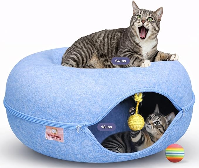 MeowMates Peekaboo Cat Cave Donut Bed for Multiple Cats Upto 45lbs, 3-in-1 Large Cat Tunnel & Donut Bed Combo w Round Tunnel Scratcher for Indoor Cats, Hanging Toy, Washable & Detachable
