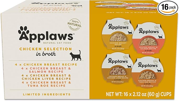 Applaws Natural Wet Cat Food in Broth, Limited and Natural Ingredients, High Protein with No Artificial Additives, Variety Chicken Selection in Broth (16 x 2.12 oz Easy-Open Cups)