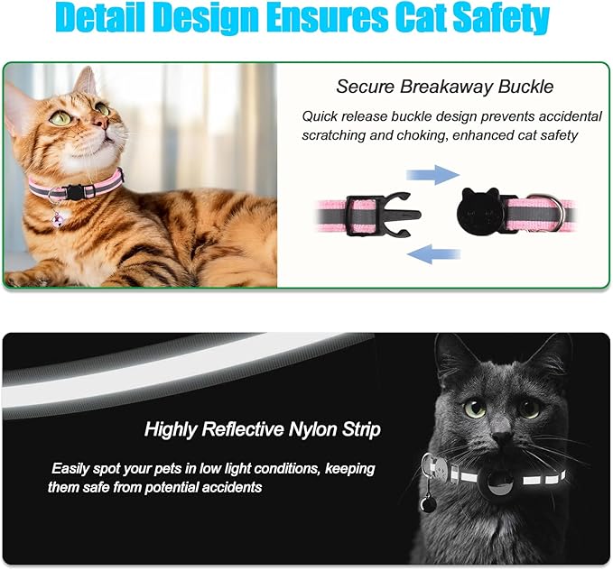 Reflective Cat Collar Fits for AirTag Holder, Breakaway Safety Buckle, Bell & Adjustable Strap for Cats Kittens - Compatible with Apple AirTag, Anti-Lost Pet Tracker Collar,Pink