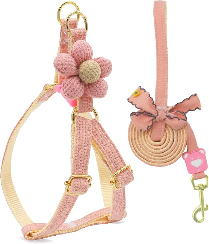 PETCARE Cute Flower Dog Harness and Bowtie Leash Set Easy Walk Puppy Dog Halter Harnesses for Small Dogs Girl Step in Dogs Harness with Buckle (Pink, Chest Adjustable 13"-20", Rope Width 0.79")