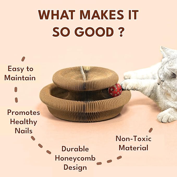 Kitty Cat Scratcher with Bell Ball & Catnip - Magic Organ Cat Scratch Board - Shape Shifting Accordion Cardboard Scratch Board Toy for Indoor Cats (Cat Scratcher Board)