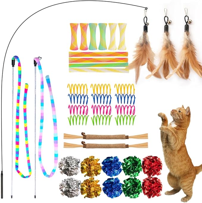 Cat Toys 40 Pack - Interactive Variety Set for Cats & Kittens with Cat Wand Toys, Feather Toys, Crinkle Balls, Springs & Silvervine Sticks to Reduce Anxiety & Destructive Behaviour