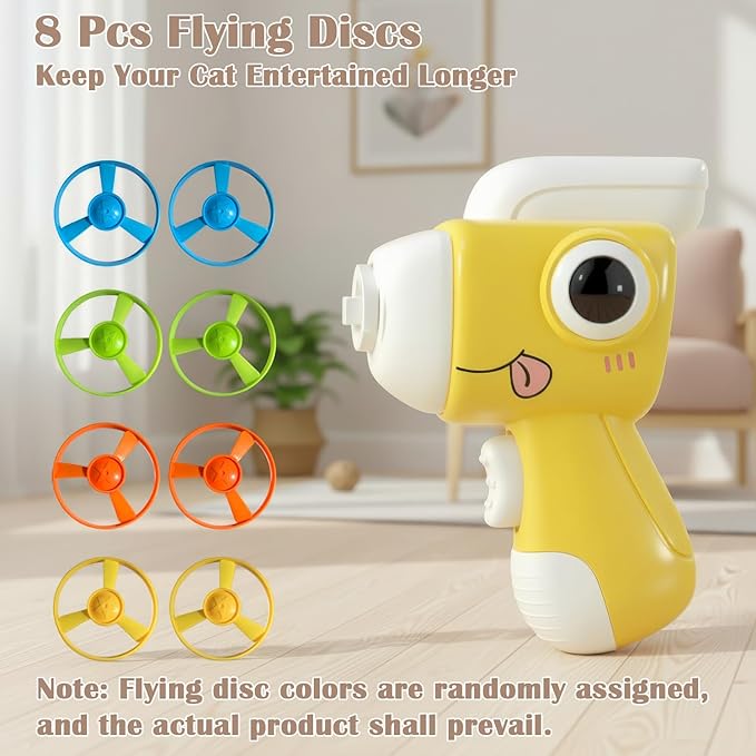 Interactive Cat Toy Fetch Launcher | Includes 8 Soft Discs for Indoor Cats | One-Press Easy Launch Cat Hunting Toy to Relieve Boredom | Ideal for Kittens and Adult Cats, Yellow