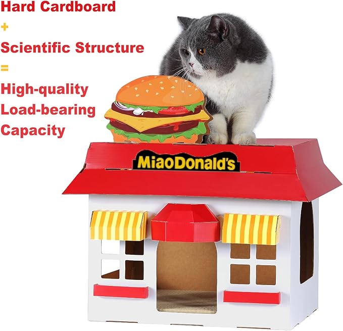 Cardboard Cat House with Scratcher – Burger Fast-Food Style, 19''L x12''W x18''H, Indoor Cat Playhouse & Hideout, Corrugated Cat Scratch Toy for Cats up to 22 lbs, Small Pets, Cute Home Decor Gift