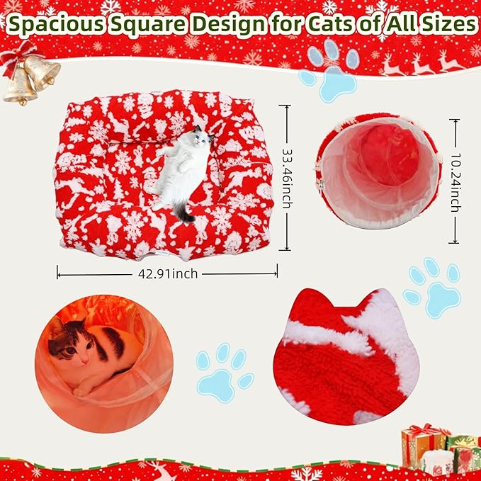 Extra Large Cat Tunnel Bed for Indoor Cats with Warm Mat,Cat Toys Cave Dount Tube for Xmas Decor Red