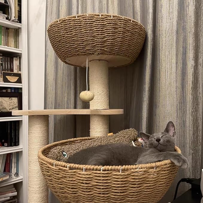 Modern Wood Cat Tree for Large Cats,Luxury Rattan Oak Solid Cat Trees Towers，3 Weaving Cat Nests & Washable Cushions, Sisal Scratching Posts,Cat Condo for Indoor Cats, Varnish, Easy Clean (Large-O1)
