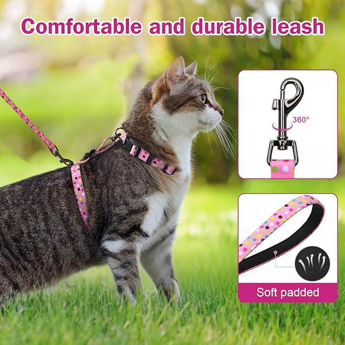 Hikiko Cat Harness and Leash Set Escape Proof Adjustable Walking Travel Cute Girl Kitten Harness for Small Medium Large Cats (Pink Polka Dots, S)