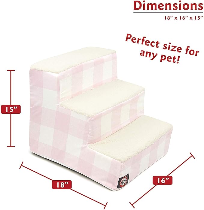Majestic Pet 3 Step Portable Dog Stairs for Small Dogs to Get on Bed Supports 250 lbs or Less – Dog Steps for High Bed with Machine Washable Cover –Pet Stairs for Cats Anderson Check Soft Blush