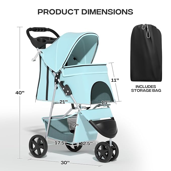 Cat Dog Stroller,3-Wheels Pet Stroller for Medium/Puppy Dogs 30 Lbs, with Storage Basket and Cup Holder, Breathable Mesh Mint