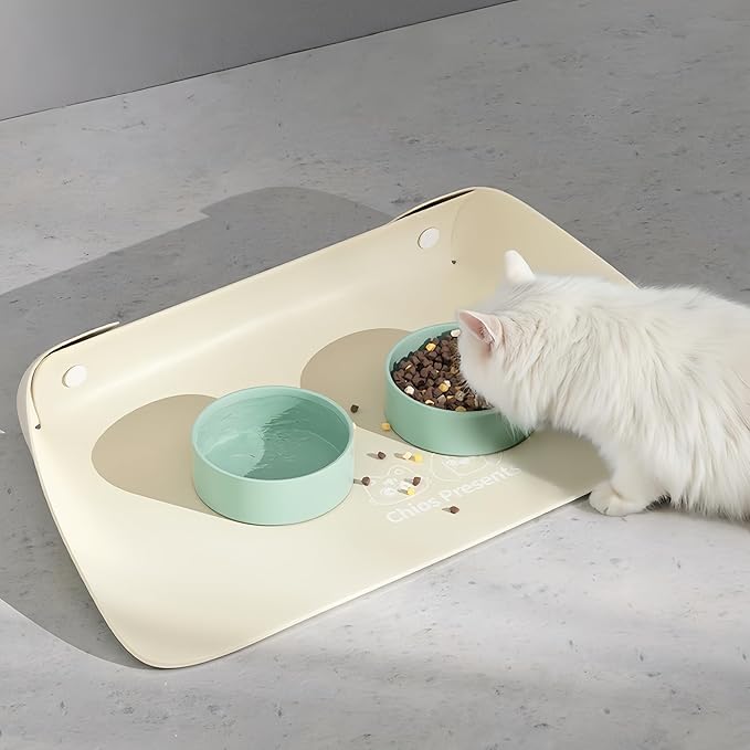 Waterproof Cat Feeding Mat - Non-Slip Leather Pet Food Mat for Cats & Small Dogs, Easy to Clean, Raised Edge to Contain Spills, BPA-Free (Beige, 13” x 9.5” x 2.4")