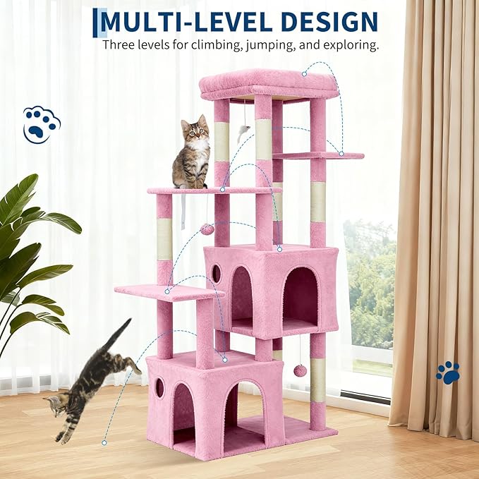 61.4 Inch Cat Tree, Large Cat Tower with Sisal Scratching Posts, 2 Spacious Cat Beds, Hanging Ball & Top Perch, Ideal for Large Indoor Adult Cats, Pink