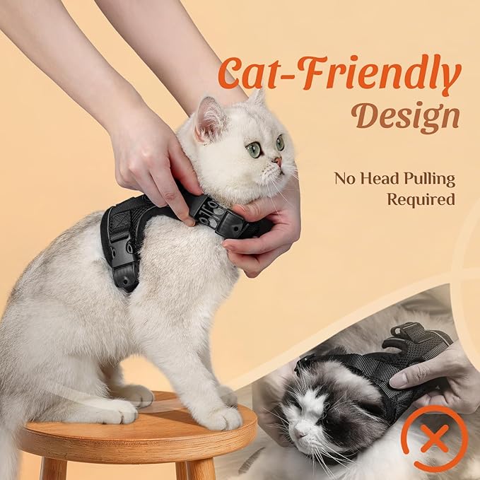 Dooradar Cat Harness and Leash Set, Escape Proof Soft with 3 Adjustable Buckles, Comfortable Vest Easy to Wear Kitten Harness with Reflective Strip, Safe for Outdoor Walking, Black, XS