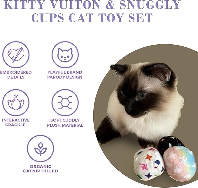 Haute Diggity Kitty Vuiton Monogram Balls + Snuggly Cups Set, Plush Cat Toys Catnip Filled with Interactive Crackle Sound, Safe & Durable Toys for Cat & Kitten, 6 Pcs