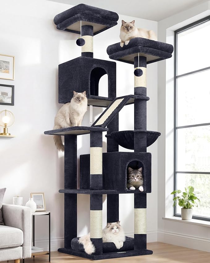 Globlazer 74in Heavy Duty Cat Tree for Large Indoor Cats, Multi-Level Cat Tower with Scratching Post, Cat Condos with Climbing Ladder, Hammock, Extra Large Top Perches, Pet Bed, F74D, Dark Grey