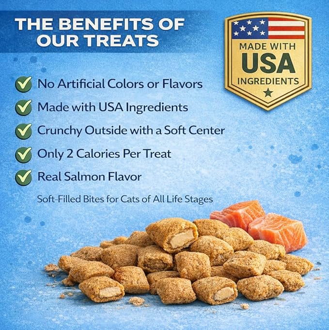 Salmon Cat Treats Bundle - Crunchy Soft Filled Bites + Lickable Puree Squeeze Tube - Healthy Training Treats Indoor Cats Kittens Senior - Low Calorie Food Topper No Artificial Flavors Wheat Soy Free