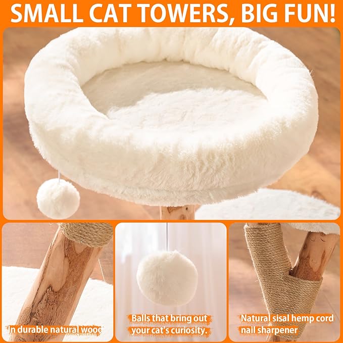【2026 Upgraded】 YOCAN Modern Cat Tree Tower for Indoor Cats, 2-Tier Cat Furniture with Natural Wood Posts, Soft Plush Bed, Scratching Post & Hanging Ball Toy, Stylish Cat Climbing Tower
