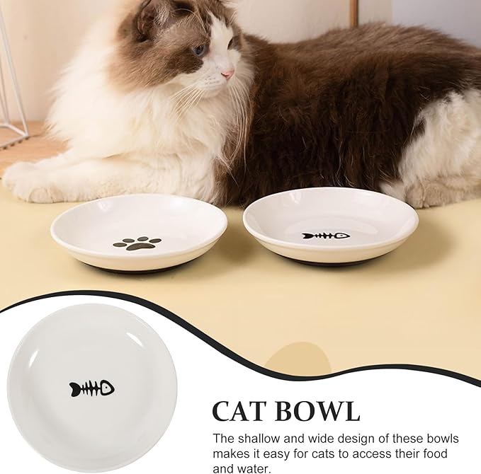 Ceramic Cat Bowls 3pcs Set with Wide Shallow Round Dish and Non-Slip Black Silicone Base for Healthy Kitten Feeding and Watering at Home