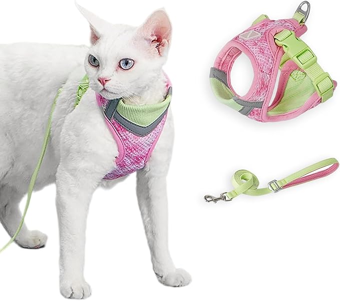 Cat Harness and Leash Set for Comfortable Outdoor Walking, Escape Proof, Adjustable Soft Kitten Vest Harness with Reflective Strip for Cats, Small Dogs (Pink Green, M)