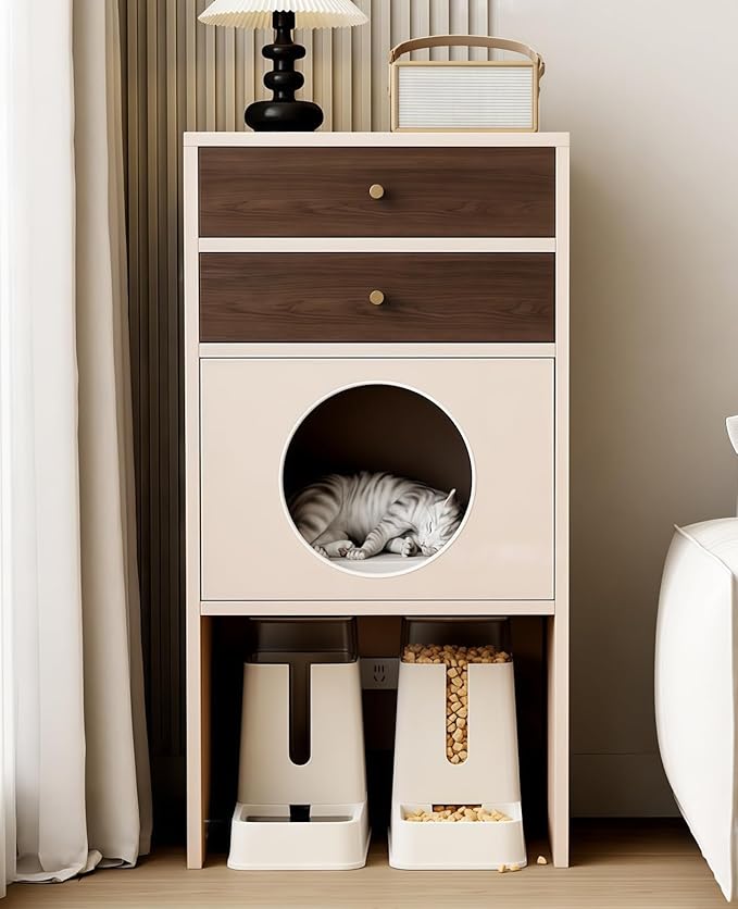 Multi-Function Cat House Furniture, Solid Wood Cat Condo with Storage Drawer, Pet Bed & Feeding Area, Compact Cat Cabinet (Khaki & Walnut,19.6" L*15.7" W*41.3" H)