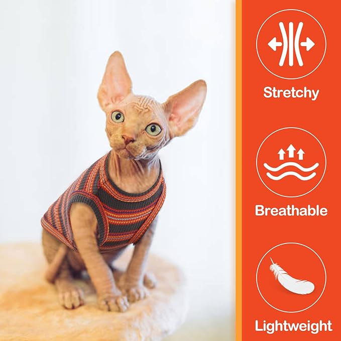 Sphynx Cat Clothes, Breathable Hairless Cat Shirts, Stripe Kitten T-Shirts Sleeveless, Pullover Cat Sweaters, Pet Summer Apparel for Sphynx, Cornish Rex, Devon Rex, Peterbald, Small Dogs