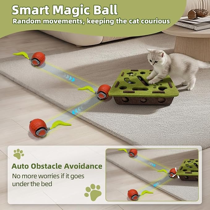 Interactive Soft Felt Cat Puzzle Toy with Ball and Bell，Cat Toy Box for Indoor Cats and Kittens，Indoor Hunting Play Toy to Stimulate Your Cat’s Energy and Instincts (Green+Orange Power Ball)
