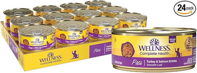 Wellness Complete Health Pate Adult Canned Wet Cat Food, Natural, Protein Rich, Grain Free, Turkey and Salmon Entrée Recipe, 5.5 oz, Pack of 24 Cans