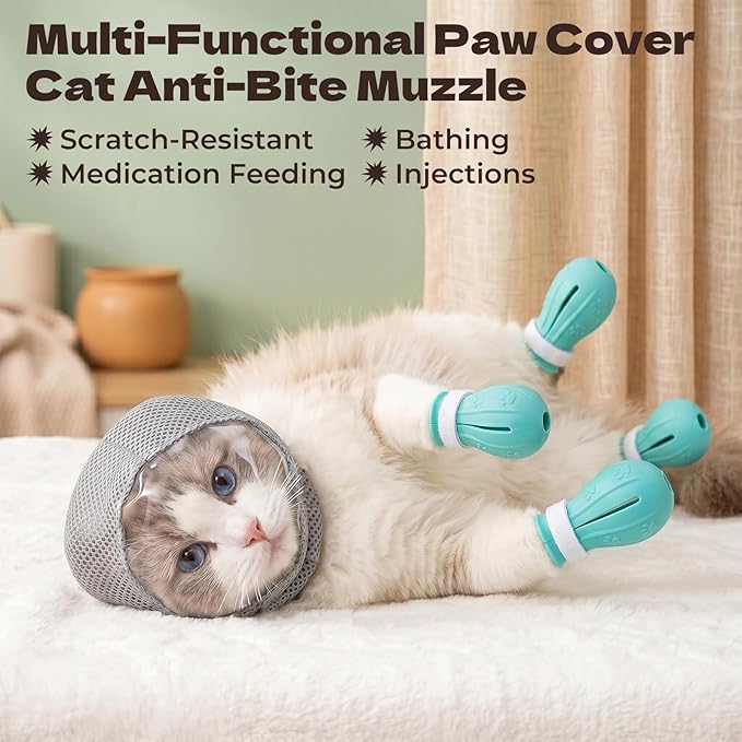 Adjustable cat Muzzle for Grooming and bite Prevention; Breathable TPU pet Muzzle; Comes with 4 Pairs of Silicone Anti-Scratch Gloves; Ideal for Nail Trimming, Bathing, and Veterinary use