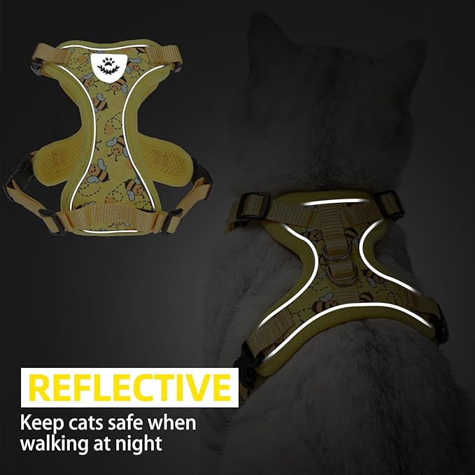 PUPTECK Cat Harness and Leash Set Escape Proof Reflective Cat Walking Harness Adjustable Soft Breathable Mesh Vest for Small Pets, Yellow Bee, M