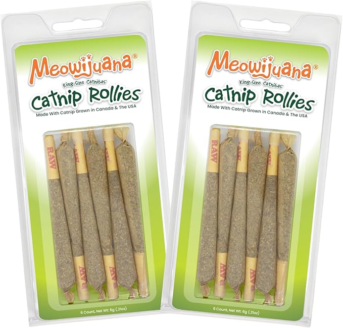 Meowijuana Rollies 2-Pack | Two 6-Packs King Size Catnip Rollies | Hand Harvested and Rolled High Potency Catnip | Grown in North America | Promotes Cat Play