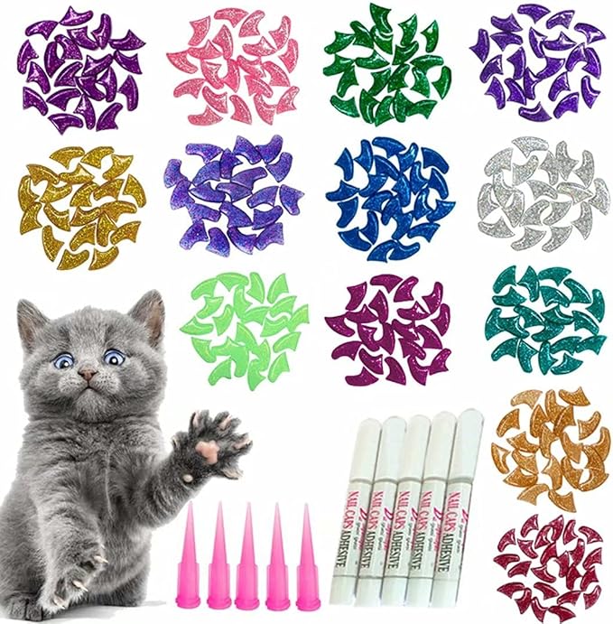 YMCCOOL 100pcs Cat Nail Caps Glitter Cat Paw Covers Kitten Nail Caps Pet Tips with Adhesives and Applicators Large