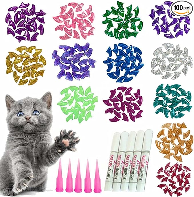 100pcs Cat Nail Caps Glitter Cat Paw Covers Kitten Nail Caps Pet Tips with Adhesives and Applicators Extra Small