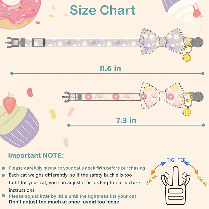 Faygarsle 2 Pack Cute Cats Collar with Bell Breakaway Bowtie Cat Collars for Male Female Cat Soft Fancy Pink Purple Cat Collar with Ice Cream Doughnuts Pattern Summer Cat Collar for Boy Girl Cats