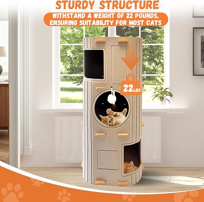 Homegroove Cat House for Indoor Cats, 3-Storey Cozy Felt Cat Bed Cave with Tunnel Hideaway, Large Multi-Cat Condo for Rest & Play (Camel, X Large)